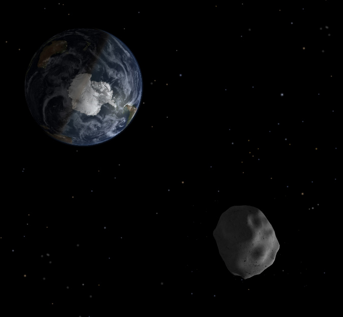 Umělecká představa blízkozemní planetky 2012 DA14 během průletu kolem Země. Zdroj: Wikipedia