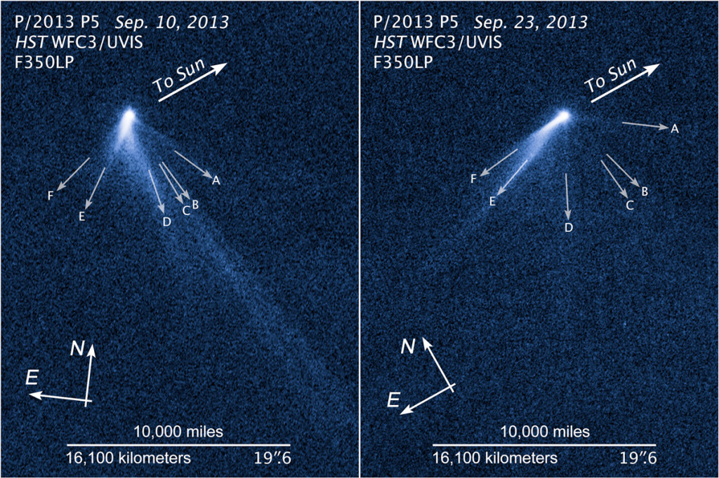 Snímky planetky P/2013 P5 pořízené Hubblovým teleskopem 10. a 23. září 2013. Zdroj: NASA/ESA.