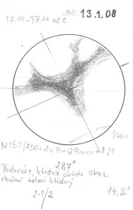 Mars 13. 1. 2008, 17:00-17:20 SEČ. Surová kresba pořízená přímo u dalekohledu.