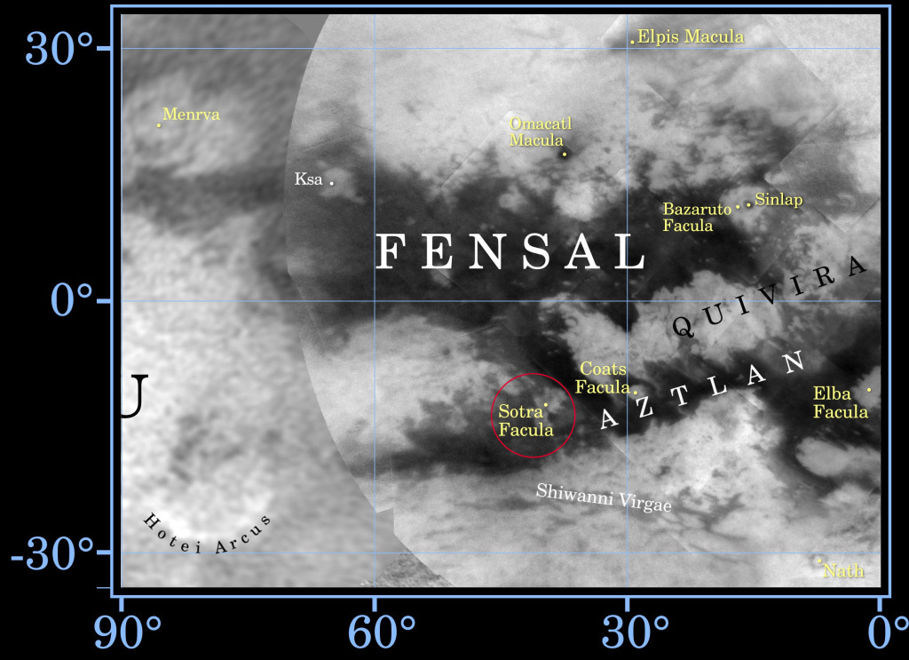 Mapa oblasti Sotra Facula na Titanu. Zdroj: NASA.